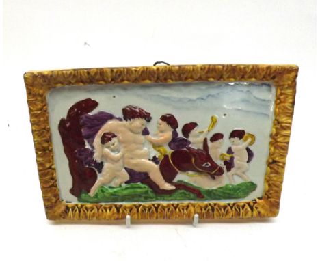 Prattware small rectangular Wall Plaque, the centre with relief decoration depicting a mythological scene of Bacchanalian fig