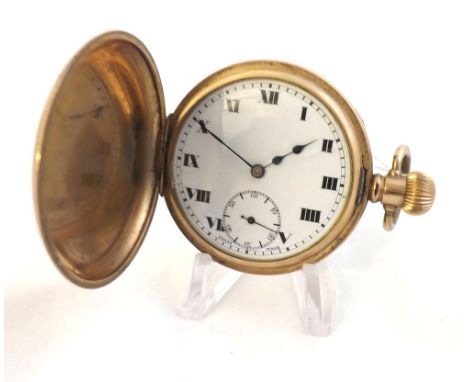First half of 20th Century Gold plated Full Hunter keyless pocket watch, Record Watch Co, the Swiss 15 jewel movement with st