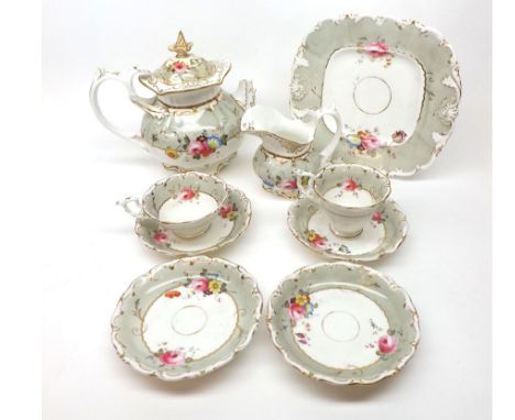 Quantity of 19th Century Rockingham style tea wares, comprising tea pot, milk jug, two cups, four saucers and sandwich plate,