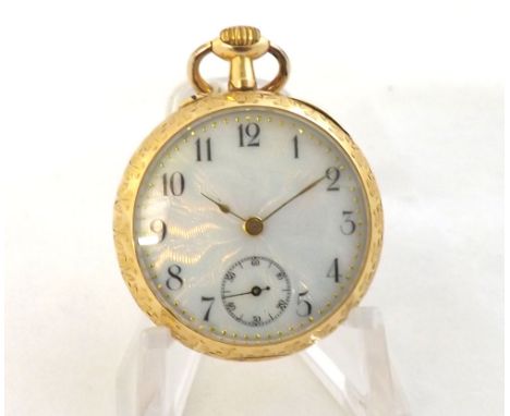 Early 20th Century Swiss open face keyless fob watch, the frosted gilt and jewelled movement with bi-metal cut compensated ba