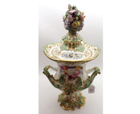 A large 19th Century Coalport Urn formed Vase, decorated with floral encrusted lid finial, the body with painted floral detai