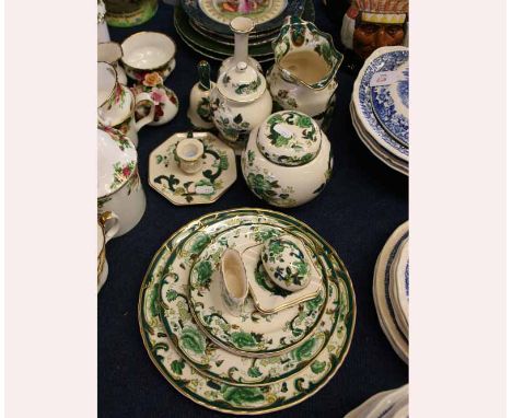 Mixed lot of Masons Chartreuse table ware, comprising ginger jar, octagonal jug, hand bell, chamber stick, covered vase, trin