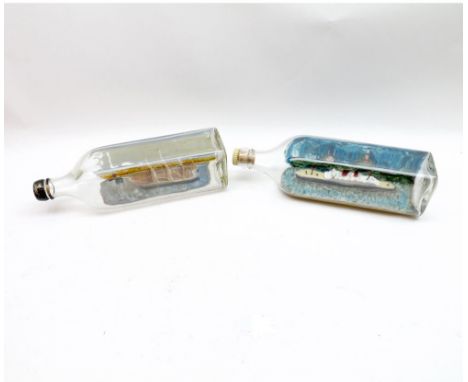 Two Vintage Ships in Bottles, one with a two-funnel ocean liner and the other with three-masted schooner, both 10  long (2)