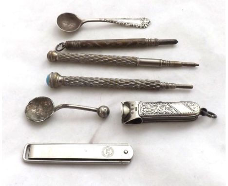 Mixed lot vintage Propelling Pencils, Condiment Spoons, Pen Knives etc largest piece 4  long, various dates and makers 