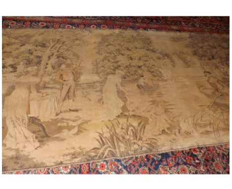 Large rectangular faded Aubusson style tapestry depicting a 19th Century scene of ladies and gents in period costume on a boa