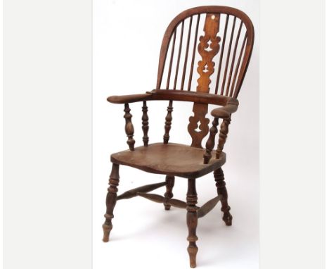 19th Century Elm seated stick back Carver Chair with central pierced splat, raised on turned legs with H stretcher, 36  wide 