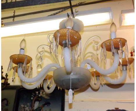 A large 20th Century eight branch centre ceiling Light Fitting, the arms with twisted opaque glass detail, decorated all over