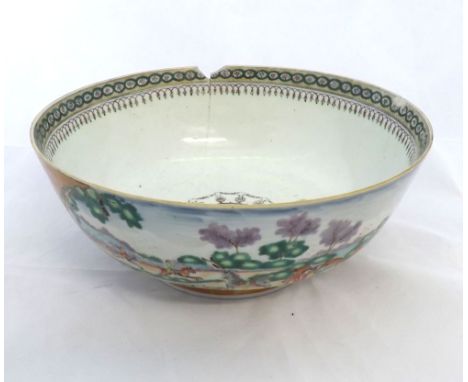 An 18th Century Chinese Export Circular Bowl of tapering form, the outer body well-painted in colours with period hunting sce