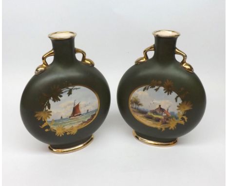 Pair of double handled Vases of Moon Flask type design, decorated with country scene and vatching patterns, on a green gilt h