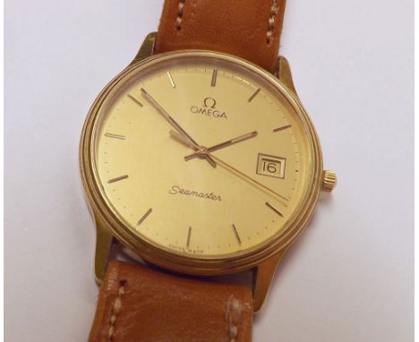 Last quarter of 20th Century 9ct Gold Quartz centre seconds calendar wrist watch, Omega,  Seamaster  47639647, 1430, the 6 je