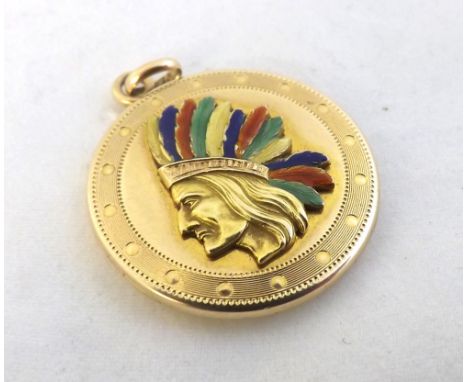 Interesting early 20th Century circular Gold Locket (unmarked) with enamelled raised portrait of a Red Indian head to one sid