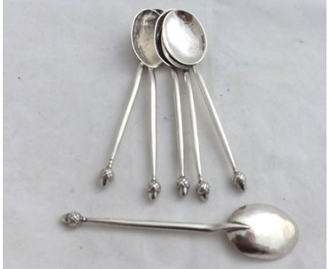 Unusual set of six George VI Silver Tea Spoons with Acorn finials and hammered bowls, hallmarked Birmingham 1939, makers mark