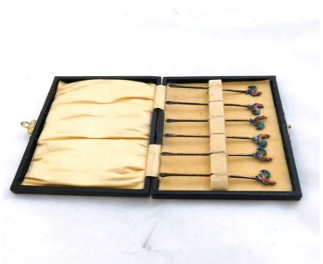 Cased set of six George V Silver and Enamel Cocktail Sticks, the finials modelled as Strutting Cockerels, hallmarked Birmingh