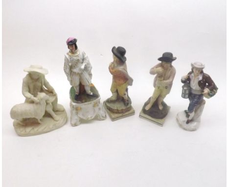 Parian ware group of shepherd boy with sheep, pair of early Staffordshire figures, boy with puce robe, and a further boy with