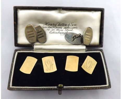 Cased pair of vintage hallmarked 9ct Gold cufflinks, each panel of shaped rectangular design and engraved with monogram, weig