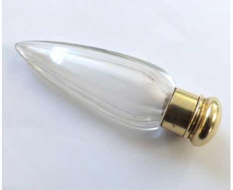 An early 20th Century Facetted Clear Glass Scent Bottle, icicle shaped with hinged yellow metal lid, stamped to the top  K R 