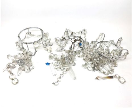 Three 20th Century ceiling light shades with extensive glass prismatic drapes, 5 =  wide 