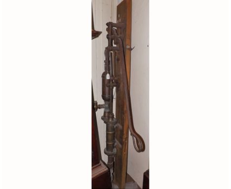 Large Brass and Iron Vintage Water Pump with large handle, now mounted on pine back, approx 6  high in total 