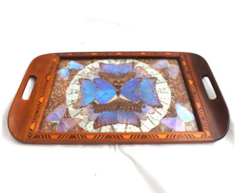 Vintage two-handled tray inset with butterfly wing decoration, 18 =  