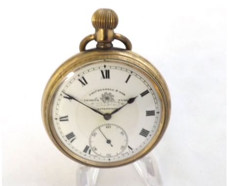 First half of 20th Century Gold plated open face keyless pocket watch, retailed by Thos Russell and Son   Liverpool The Swiss