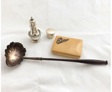 Mixed lot comprising a Georgian Silver wooden handled Punch Ladle (A/F), early 20th Century Sheffield hallmarked Silver Peppe