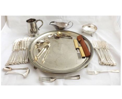 Mixed lot comprising Silver plated round Serving Tray, various Cutlery, small Silver plated Tankard, Sugar Basin and Sauce Bo