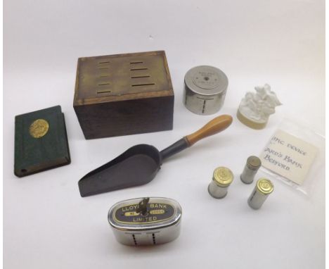A Mixed Lot of Numismatic interest to include an unusual Oak Cased Patent Coin-Weighing Device with nine slits from sixpence 