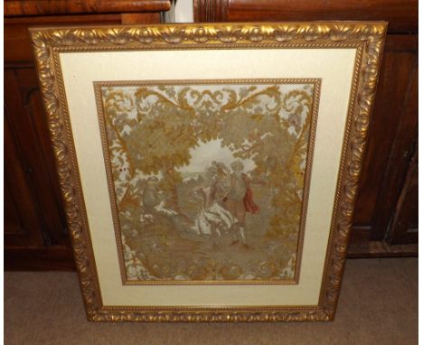 A Framed Antique Tapestry Picture of young lovers with attendant musician in modern giltwood style frame, 32  high 