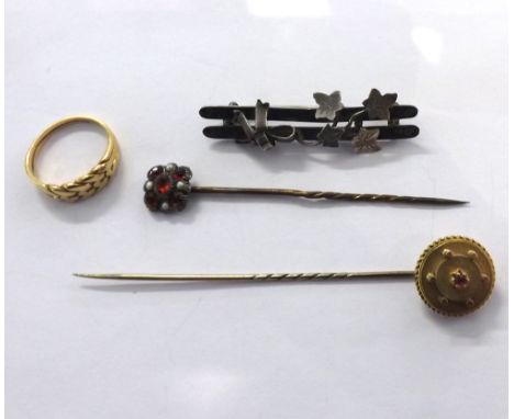 A Mixed Lot containing: a Victorian Stick Pin with large Gold finial with raised centre featuring a small Ruby, 15mm diameter