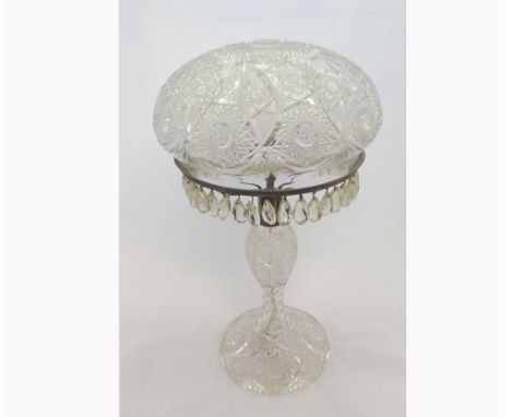 Large 20th Century clear glass Table Lamp, mushroom form, the domed cut glass shade on supporting metal rim with glass prisma