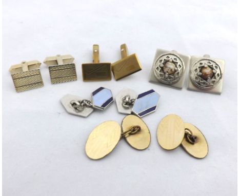 Collection of five pairs of vintage metal cufflinks, one pair with enamel detail