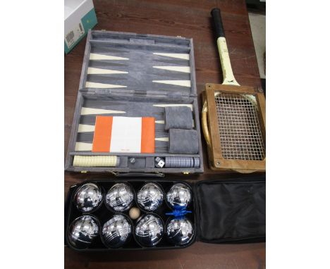 a backgammon set, Boules and vintage racket