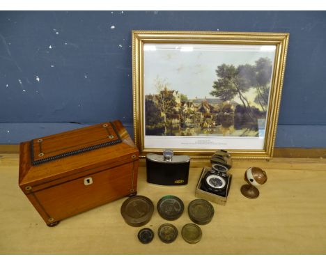 Wooden tea caddy, compass and hip flask etc&nbsp;