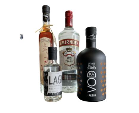 Mixture of alcohol to include: Melton Mowbray Slow Gin 25%vol 35cl Lagg Peated Spirit Drink 63.5%vol 20cl Smirnoff Vodka 37.5