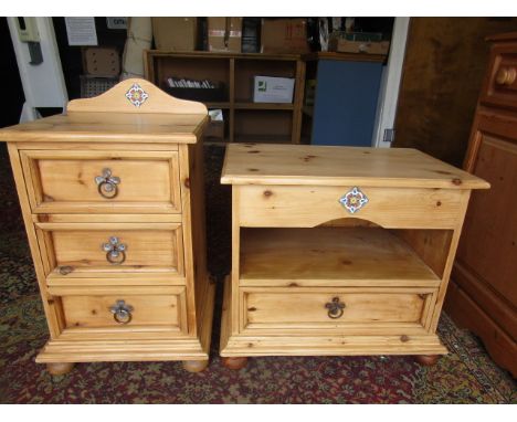 Susan Micheal Pine bedside and unit with daisy style handles and inlaid tile , sanded and waxed