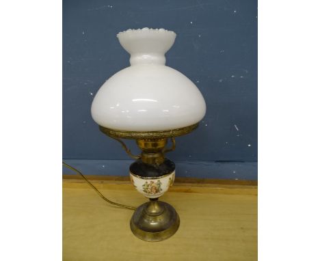 Brass and porcelain oil lamp converted to electric (no plug)&nbsp;