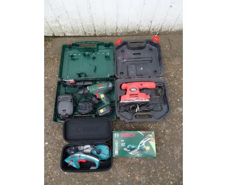 Bosch cordless lithium drill, garden trimmer and Black &amp; Decker sander, all from a house clearance&nbsp;