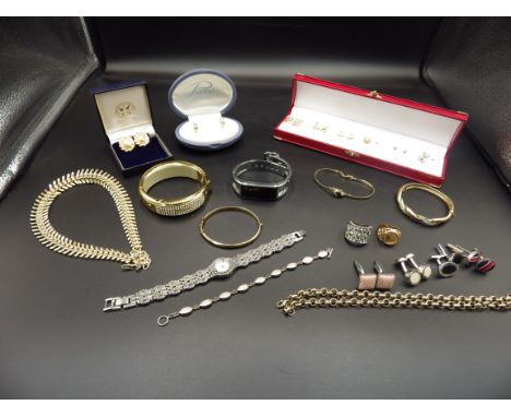 collection of costume jewellery to inclue a rolled gold bangle, 925 silver and MOP bracelet, and a Marcastie watch by past ti