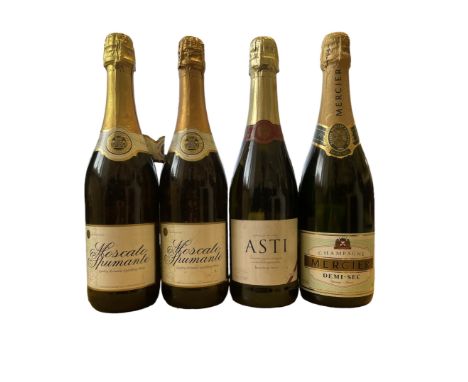 4 bottles of champange and sparkling wine to include Mercier Demi-sec 75cl 12%Vol. Asti 75cl 7%vol. and two bottles of Moscat