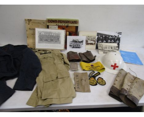 Militaria- leather garters, post war RAF blouse, re-enact RAF jacket, post war helmet, pack home guard badges, Civil Defence 