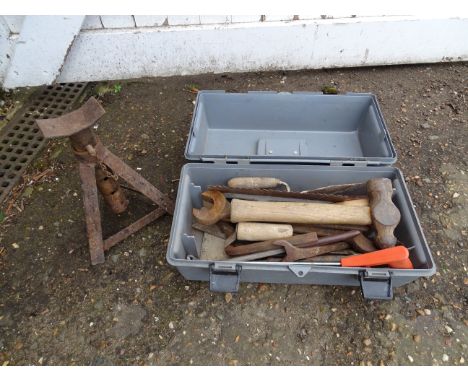 Toolbox with tools to include hammer and spanners and an axle stand&nbsp;