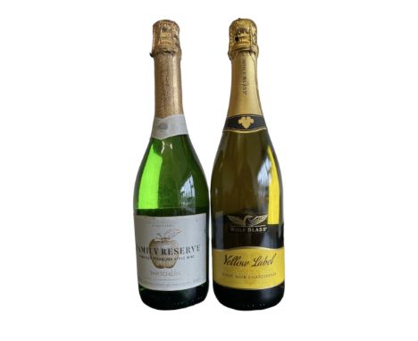 Two bottles of sparkling wine to include Family Reserve Thatchers 11%vol 75cl and Wolf Blass Yellow Label 11.5%vol 75cl