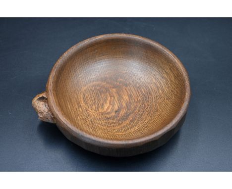 Mouseman - an oak bowl with an adzed exterior finish with a mouse signature, by the workshop of Robert Thompson, Kilburn, bow
