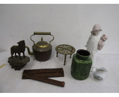 Brassware, cribbage board, ornament (repaired) etc