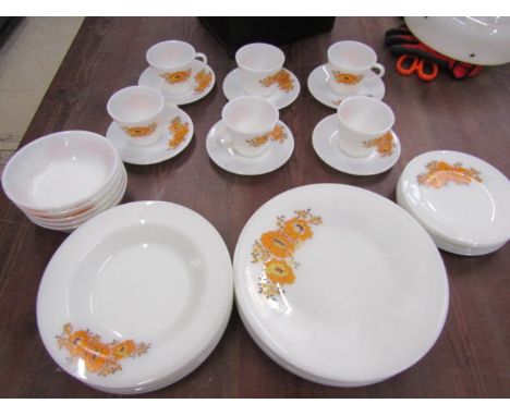Pyrex 'Marigold' 34 piece part dinner set comprising 5 dinner plates, 6 side, 6 cups and saucers, 5 cereal bowls and 6 soup b