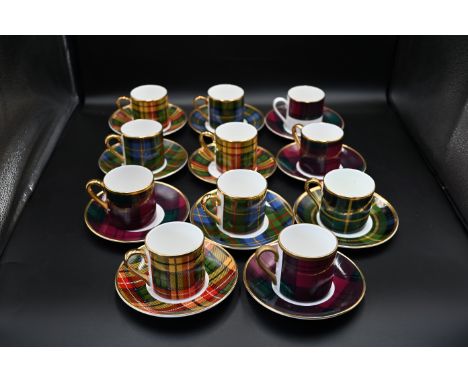 11 tartan coffee cans with saucers to include 6 Royal Crown Duchy and 5 Fox