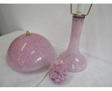 Pink glass lamp base, plafoniere and vase