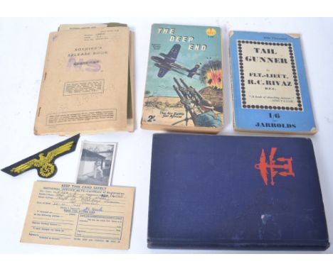 A soldiers release book for Cpl JC Weeks - Tripolitania Signal Squadron - To include a Nazi breast eagle patch, paperwork to 