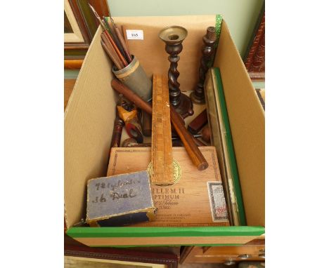 Selection of wooden items incl. twist candlesticks, rulers, long handled pipe, writing pens etc