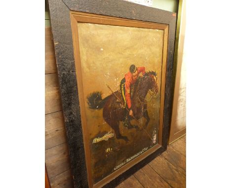 Large framed advertising panel of a 'Bottled Relish' ex Goodhall Backhouse & Co Ltd depicting a mounted cavalryman pointing t